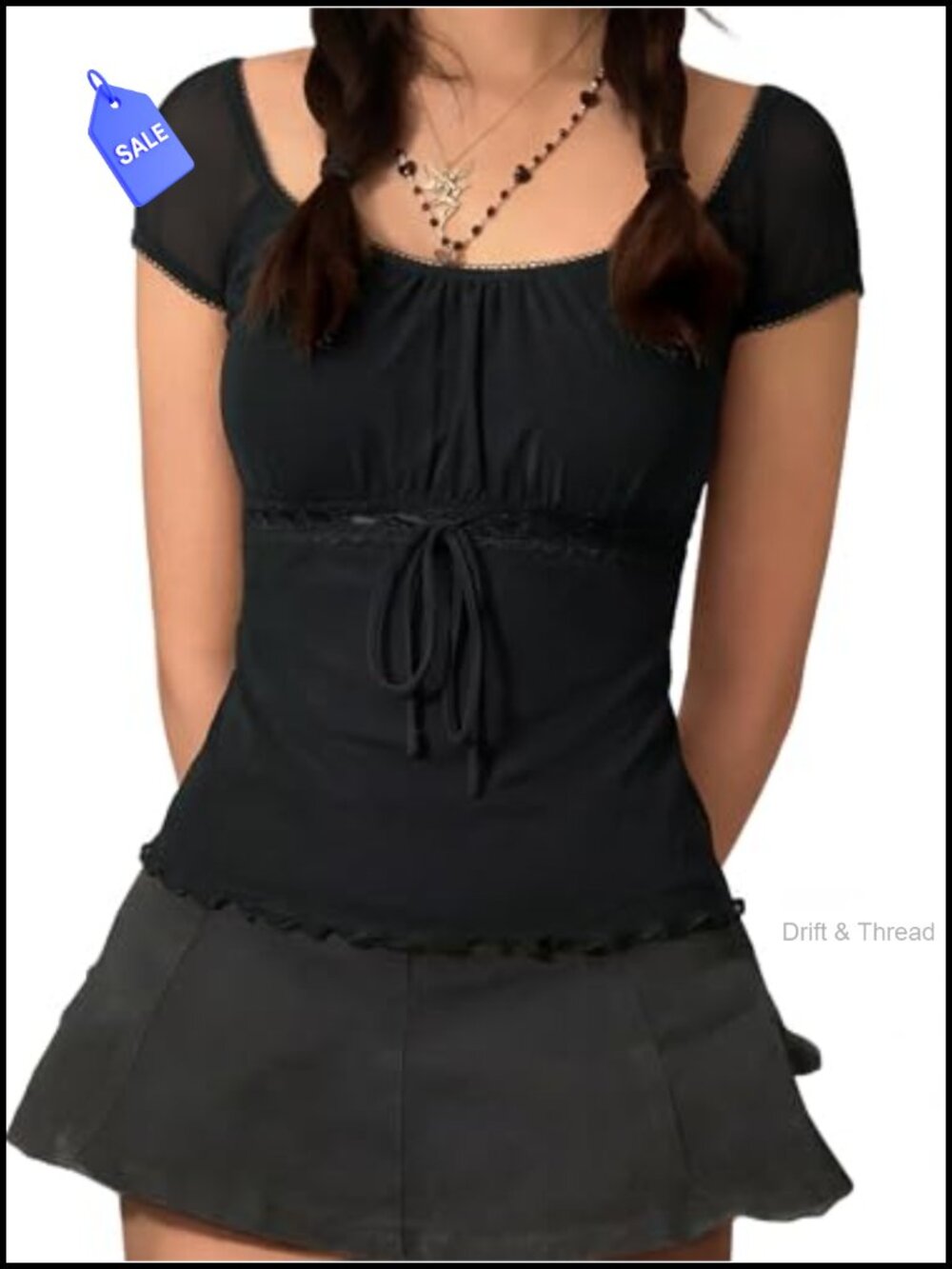 Sheer Mesh Babydoll Top Y2K Stretch Short Sleeve Lace